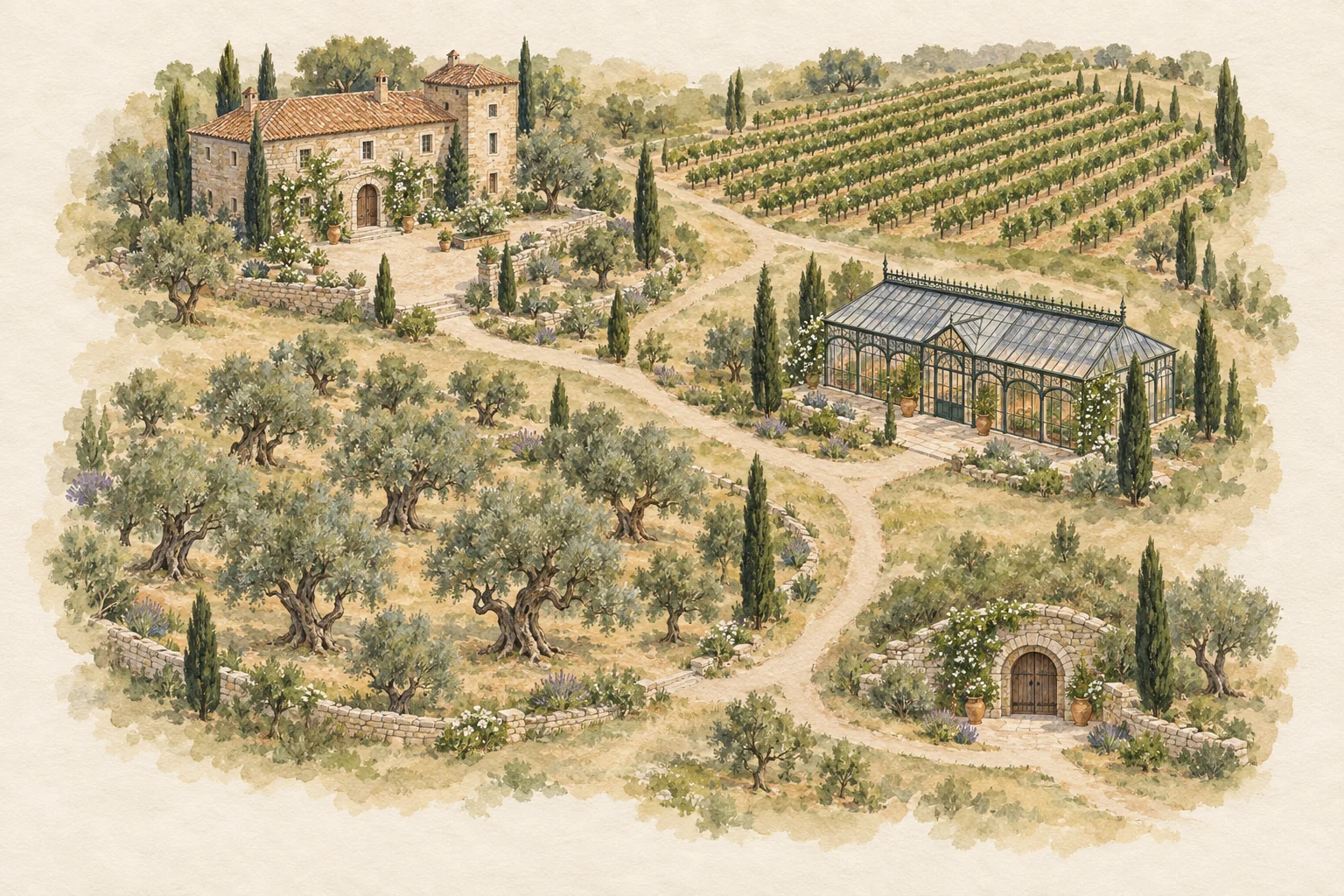 Mapa conceptual de la finca: casa, jardín de olivos, invernadero y bodega